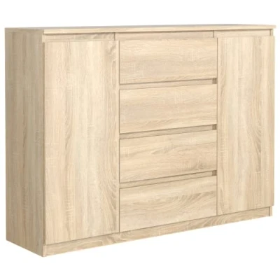 Abbildung von meble masztalerz Kommode Eiche Sonoma mit 4 Schubladen und 2 Türen 120 cm, Sideboard Wohnzimmer, Schlafzimmer H: 101,5 B: 120,4 T: 39 Schubladen, Schubladenschrank