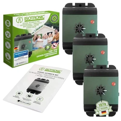 Abbildung von ISOTRONIC Ultraschall Vogelabwehr (3er Set) Mobiler Vogelvertreiber mit Batterien Effektiv gegen Tauben, Möwen &amp; Vögel Perfekt für Balkon und Dach + (enthalten)