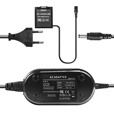Abbildung von Netzteil mit Akkuadapter für Panasonic Lumix DMC G1, G2, G10, GF1 ersetzt DMW DCC3, DCC3E, AC8, AC8EG, BLB13E 8,4V 2A
