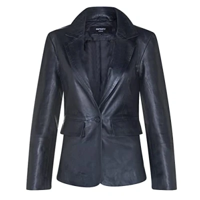 Abbildung von Infinity Leather Klassischer Damen Schwarz Blazer aus Echtem Leder mit Einem Knopf