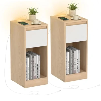 Abbildung von VASAGLE Nachttisch 2er Set, schmal, Beistelltisch, LED Beleuchtung, 1 USB A Anschluss, C Schublade, offenes Fach, für Schlafzimmer, Wohnzimmer, mandelgelb wolkenweiß LET710Y01