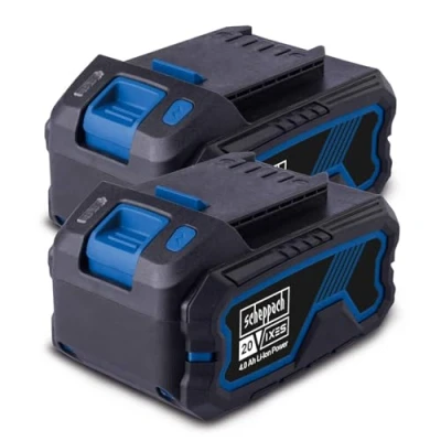 Abbildung von Scheppach Akku Set 2X 4 Ah Lithium Ionen 20V Ersatzakku IXES Serie Ladezeit ca. 60120 Min (je nach Ladegerät) 3 stufige LED Anzeige Staub &amp; korrosionsgeschützt