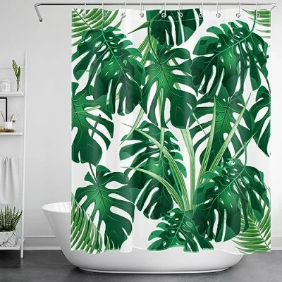 Abbildung von LB Dunkel Grün Monstera Blätter Duschvorhang Tropischer Dschungel Pflanzen Badewanne Gardinen Wasserdicht Anti Schimmel Weiß Polyester Badezimmer Vorhänge mit 10 Haken,150x180cm