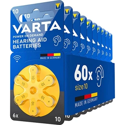 Abbildung von VARTA Hörgerätebatterien Typ 10 gelb, Batterien 60 Stück Vorratspack, Power on Demand, wireless approved, Größe p für Hörgeräte &amp; Hörhilfen, Made in Germany [Exklusiv bei Amazon]