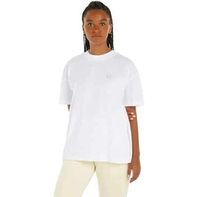 Abbildung von Calvin Klein Jeans Damen T Shirt Kurzarm Ck Embro Badge Boyfriend Tee Rundhalsausschnitt, Weiß (Bright White), L