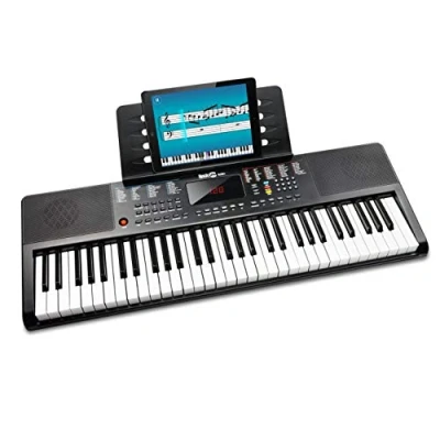 Abbildung von RockJam Compact 61 Key Keyboard with Sheet Music Stand, Power Supply, Piano Note Stickers &amp; Simply Lessons, Schwarz