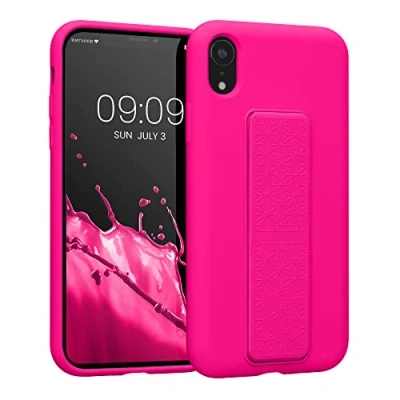 Abbildung von kwmobile Handyhülle kompatibel mit Apple iPhone XR Hülle Fingerhalter und Standfunktion Silikon Case Handy Cover in Neon Pink