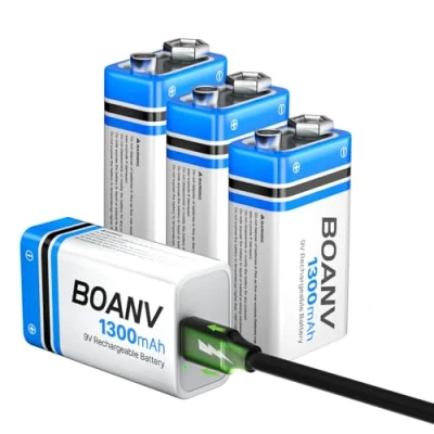 Abbildung von 9V Akku Block Wiederaufladbare, 1300mAh Lithium ionen Batterie, Micro USB Ladegerät mit 2 in 1 Ladekabel für Rauchmelder, Alarme Tastatur Mikrofon 4 Stück