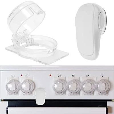 Abbildung von Herd Kindersicherung Set, für 6 Knöpfe, transparenter Kleber, mit Backofentür in Schwarz, max. Ø 4,9 cm und 4 hohe Herdknöpfe min. 6,1 Abstand Mitte Mitte, Herdschutz Kit