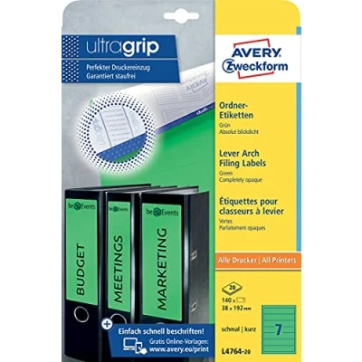 Abbildung von AVERY Zweckform L4764 20 Ordnerrücken Etiketten (140 Rückenschilder mit ultragrip, 38x192mm auf A4, schmal/kurz, selbstklebend, absolut blickdicht, bedruckbare Ordneretiketten) Blatt, grün