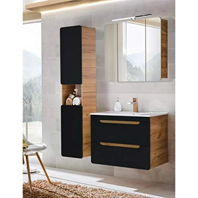 Abbildung von Lomadox Badezimmer Badmöbel Set mit Keramik Waschtisch 81 cm Unterschrank, seidenmatt anthrazit Wotan Eiche Nb., Hochschrank und LED Spiegelschrank