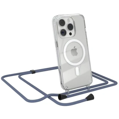 Abbildung von EAZY CASE Handykette kompatibel mit iPhone 15 Pro Kette zum Umhängen Stoßfest Handyhülle für Silikon Hülle Band Handytasche Transparent als Fallschutz in Blau Clips Schwarz