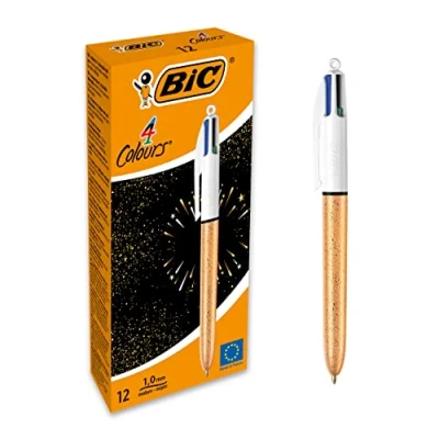 Abbildung von BIC 4 Farben Kugelschreiber, mittlere Spitze (1,0 mm) Korpus strukturiert, goldfarben, elfenbeinfarben, 12 Stück