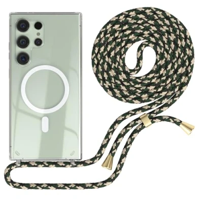 Abbildung von EAZY CASE Handykette kompatibel mit Samsung Galaxy S24 Ultra Kette zum Umhängen Stoßfest Handyhülle für Silikon Hülle Band Handytasche Transparent Fallschutz in Grün Camouflage
