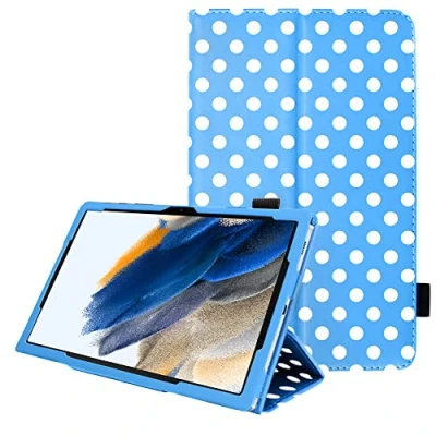 Abbildung von TECHGEAR Leder hülle Kompatibel mit Samsung Galaxy Tab A8 10.5 2021 (SM X200 / SM X205) Premium PU Schlank Folio Schutzhülle Ständer und Handschlaufe, [Hellblauer Tupfen]