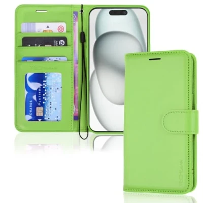 Abbildung von TECHGEAR hülle iPhone 15 Plus Leder klappbar, PU Flip Schutzhülle Ledertasche [Brieftasche] Handyhülle mit Ständer und Handschlaufe Grün Kompatible