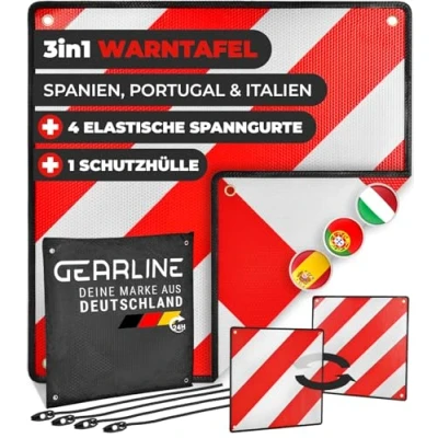 Abbildung von GEARLINE® 3 in 1 Warntafel für Italien, Spanien &amp; Portugal [inkl. 4X Spanngurte Schutzhülle] reflektierendes Warnschild Heckträger rot weißes Alu Schild Fahrradträger [50x50 cm]