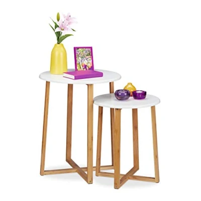 Abbildung von Relaxdays Beistelltisch 2er Set, runde Satztische, 48,5 &amp; 60,5 cm hoch, modernes Design, Wohnzimmertisch, Natur/weiß, Bambus