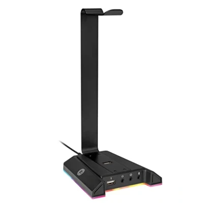 Abbildung von myWall HK2L Headset Halterung, Kopfhörer Ständer mit RGB Lichteffekt und 7.1 Virtual Surround Effekt, 2 USB Ports, Gaming für alle in Schwarz, 11,8 cm