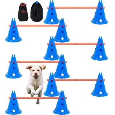 Abbildung von VEVOR Steckhürdenset, 6 teiliges Set 12 x Kegel, Agility Stangen, Trainingsgerät mit höhenverstellbarer Querstange, Starthilfe für Hindernisparcours Welpen Aufbewahrungstasche