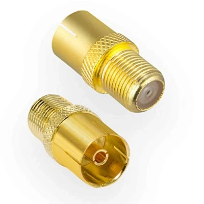 Abbildung von HB DIGITAL SAT Antennen Adapter: F Buchse (Satelliten DVB S/S2 Anschluß weiblich) zu IEC (Kabelfernsehen C, Terrestrischer T2 Koaxial TV Steckverbinder vergoldet