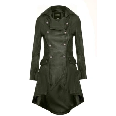 Abbildung von Infinity Leather Damen Gotisch Grün Leder Edwardianisch Viktorianisch Flare Mantel