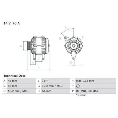 Abbildung von BOSCH 0 986 042 071 Lichtmaschine 14V 70A PEUGEOT: 206 Schrägheck, SW, Partner I Combispace, CITROËN: Berlingo / First