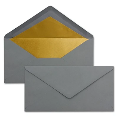 Abbildung von 50 Brief Umschläge DIN Lang Graphit/Dunkel Grau mit Gold Metallic Innen Futter 110 x 220 mm Nassklebung festliche Kuverts für Weihnachten