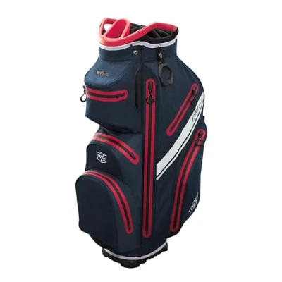 Abbildung von Wilson Golftasche, W/S Exo Dry Cart Bag, Trolleytasche für bis 14 Schläger, Golf Zubehör Damen und Herren, Navy / Rot Weiß