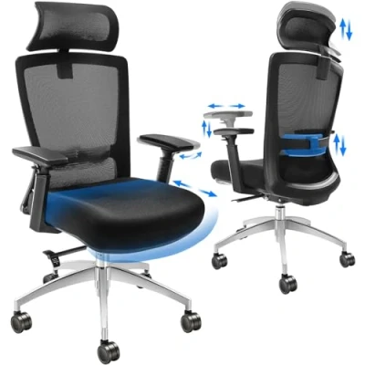 Abbildung von VEVOR Bürostuhl Ergonomisch, Schreibtischstuhl mit Verstellbarer Kopfstütze 40 mm, Armlehnen Lendenwirbelstütze, Drehstuhl Wippfunktion, Chefsessel aus Mesh, Rückenschonend, 136 kg