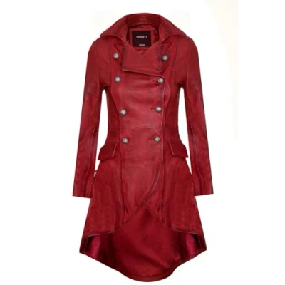Abbildung von Infinity Leather Damen Gotisch Rot Leder Edwardianisch Viktorianisch Flare Mantel