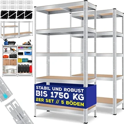 Abbildung von MASKO® 2er Set Lagerregal Schwerlastregal, Kellerregal, 180 x 90 40 cm, bis 875 kg belastbar, 5 verstellbare Ablagen, MDF Platten Regal aus Metall, Steckregal, Werkstattregal, Keller, Garage Silber