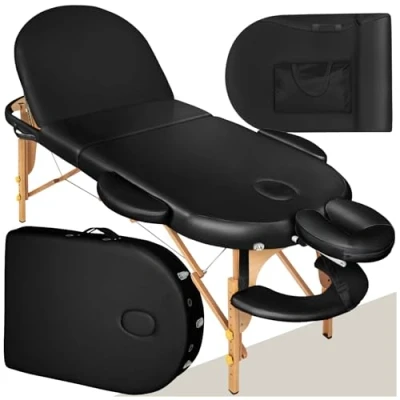 Abbildung von tectake® Mobile Massageliege, ovale Massage Liege mit 3 Zonen klappbar, höhenverstellbar, extra Dicke Polsterung, Vinylbezug, Kopf und Armstützen, Zubehör Transporttasche schwarz