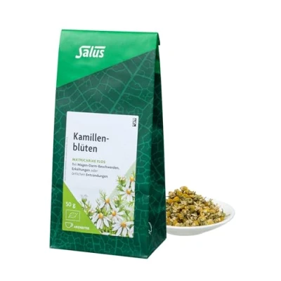 Abbildung von Salus Kamillenblüten Tee 1x 50 g Beutel lose Arzneitee Matricariae flos bei Magen Darm Beschwerden Erkältungen örtlichen Entzündungen bio