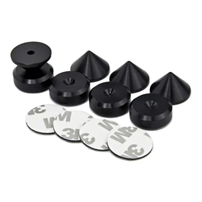 Abbildung von Precisiongeek Lautsprecher Spikes und Pads Set, Aluminium, schwarz eloxiert, 12 mm hoch mit 20 Durchmesser, abgeschrägte Form, doppelseitige Selbstklebende im Lieferumfang enthalten