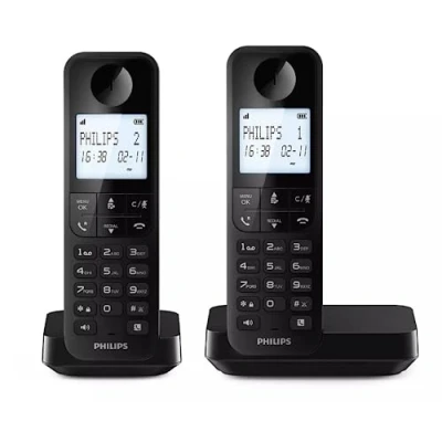 Abbildung von Philips Duo D2702B Schnurloses Festnetztelefon, 11,6 cm (4,6 Zoll), vertikales Mikrofon, Freisprecheinrichtung, bis zu 14 Stunden, optimierte Antenne, Zwei Telefone, Schwarz