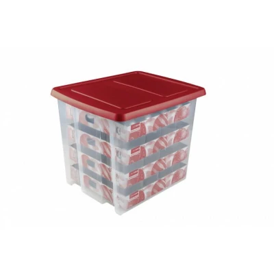 Abbildung von SUNWARE Nesta Weihnachtsbox 45 Ltr mit Tabletts für 64 Weihnachtskugeln (Ø70 80mm) transparent/rot