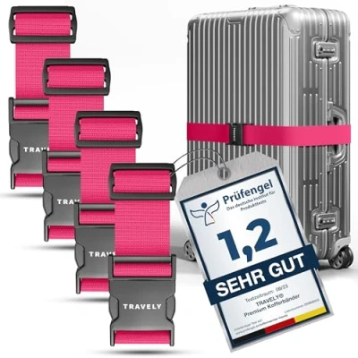 Abbildung von Travely® Premium Koffergurt Besonders Auffällig &amp; Sicher Inkl. 4 Namensschildern Gepäckband ideal über Kreuz [4er Set] Pink
