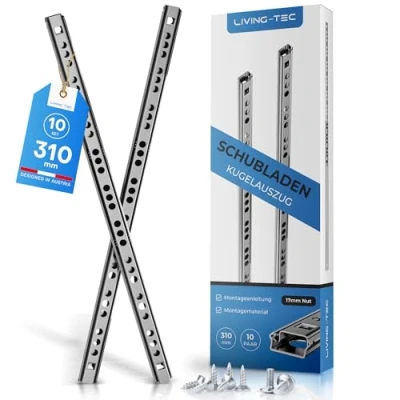 Abbildung von LIVING TEC® Schubladenschienen 310mm x 17mm Nut 10Paar Gleitschiene inkl. Montageschrauben Schubladenauszug Schubladenauszüge Auszugsschienen Schienen für Schubladen Schienensystem Auszüge