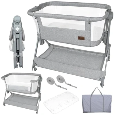 Abbildung von Twinly Beistellbett 2 in 1, Babybett Faltbar und Höhenverstellbar COMFORTLY, 0 6 Monate, 5 Höhenstufen, Atmungsaktive Matratze, Netzseiten, 4 Rollen, Tragetasche, Einfach zu Transportieren (Grey)