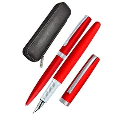 Abbildung von Online Schreib Set Eleganza I enthält Kugelschreiber, Füller, Echt Lederetui Farbe Satin Red 3 teilig in hochwertiger Geschenkbox Füller für Standardpatronen