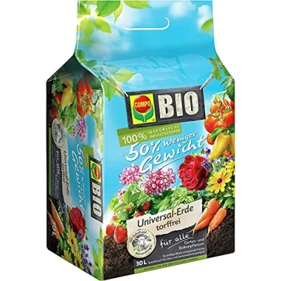 Abbildung von COMPO BIO Universalerde mit Schafwolle ca. 50% weniger Gewicht, torffrei für alle Garten und Balkonpflanzen sowie Obst Gemüsekulturen 50 L