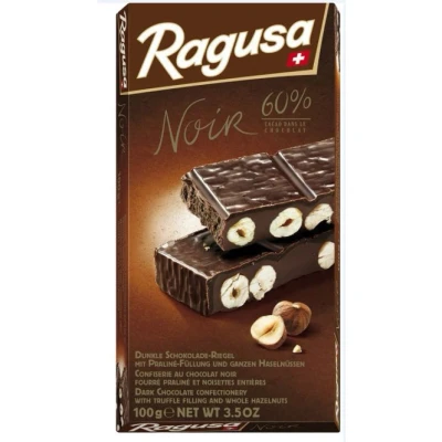 Abbildung von Ragusa Noir Tafel 100g Die dunkle Variante mit 60 Prozent Kakaoanteil und ganzen Haselnüssen Original Schweizer Schokolade (1 x 100g)