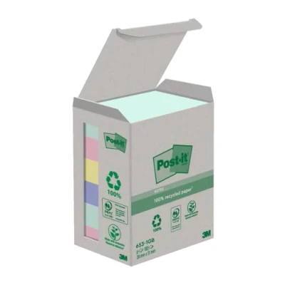 Abbildung von Post it Recycling Notes, Assortierte Farben, Packung mit 6 Blöcken, 100 Blatt pro Block, 38 mm x 51 mm, Farben: Grün, Pink, Gelb, Blau Selbstklebende Notizzettel aus 100% Recyclingpapier