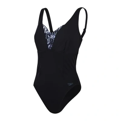 Abbildung von Speedo Formender Printed OpusGem DD+ Badeanzug mit Print Shapewear Schwimmbekleidung für Strand und Urlaub Damen, Schwarz, Oxidgrau, Weiß, 32