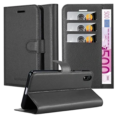 Abbildung von Cadorabo Hülle kompatibel mit Xiaomi RedMi 7A Handyhülle aus Premium Kunst Leder Flip Klappbare Stoßfeste Magnetische [Standfunktion] [Kartenfächern] Cover für Tasche in Schwarz