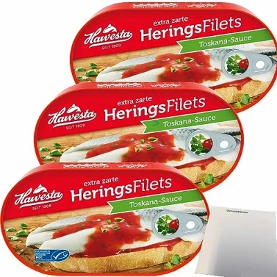 Abbildung von Hawesta zarte Heringsfilets in Toskana Sauce MSC 3er Pack (3x200g Dose) + usy Block