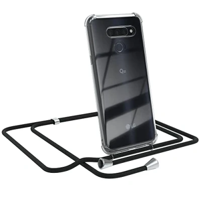 Abbildung von EAZY CASE Handykette kompatibel mit LG Q60 / K50 Handyhülle Umhängeband, Handykordel Schutzhülle, Silikonhülle, Hülle Band, Stylische Kette für Smartphone, Schwarz