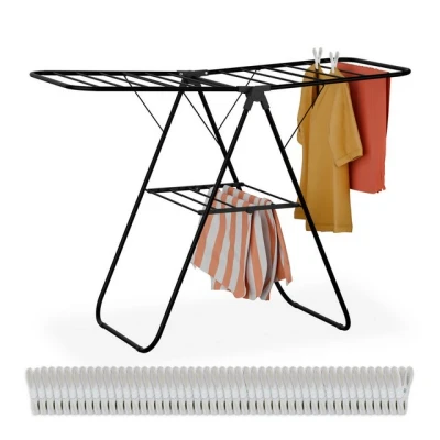 Abbildung von Relaxdays Wäscheständer klappbar, 2 Flügel, Ebenen, Flügelwäscheständer, HBT: 93x136x58 cm, Wäschetrockner, schwarz