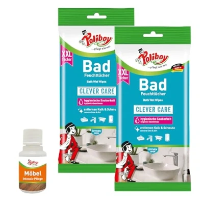 Abbildung von poliboy XXL Bad Putztücher 48 Maxi Tücher Inklusive Möbel Probe Reinigungstücher (25x20 cm, zum Entfernen von Kalk, Schmutz und Seifenresten Made in Germany)